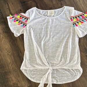 Women’s boutique White Tie-Front Top with Colorful Tassel Sleeves